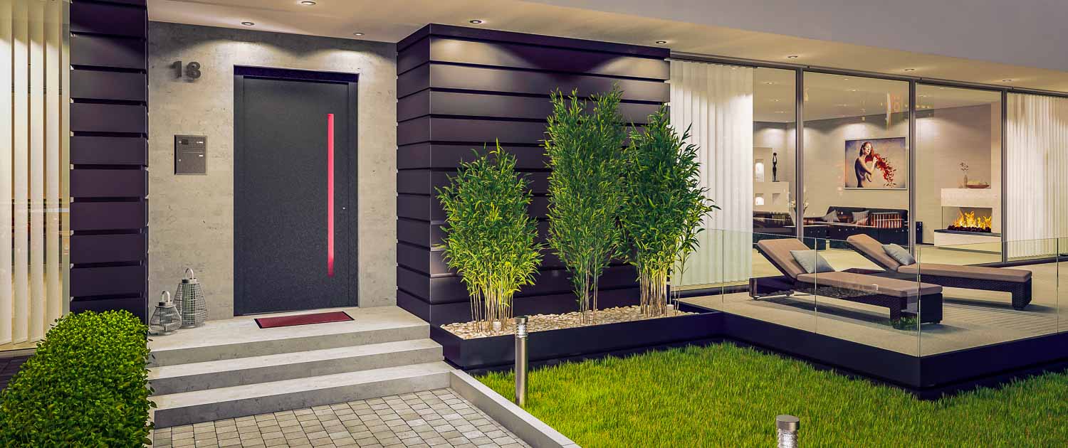 individuelle, moderne, zeitlose Holz-Alu-Haustüre mit funktionalen technischen Details, Oberfläche anthrazit-metallic beschichtet, abgestimmt auf das Design Ihres Hauses