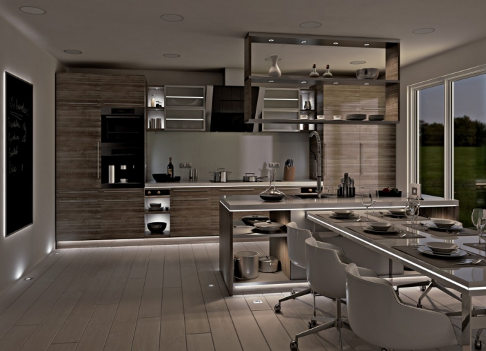 Moderne Küche mit Kochinsel und LED-Beleuchtung